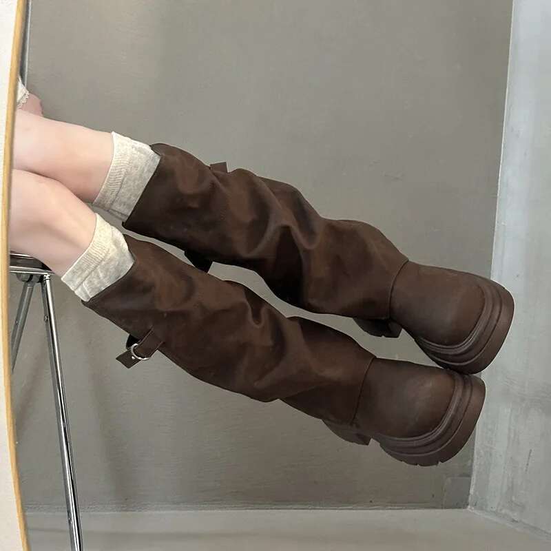 Women Boots Block Heel Fold Vintage Pleated Stack Western Boots Women'S  Round Toe Studded Knee-Free Knee Knight Boots