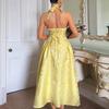 Light Yellow V-Neck Halter Maxi Dress with Brocade Pattern
