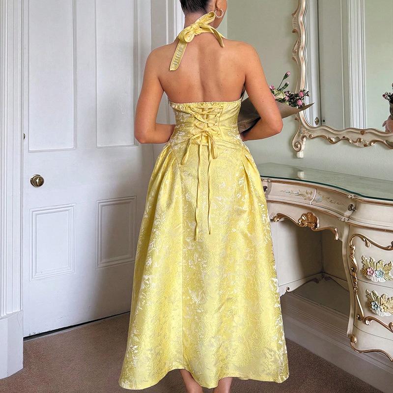 Light Yellow V-Neck Halter Maxi Dress with Brocade Pattern
