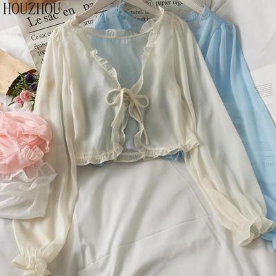 HOUZHOU Sunscreen Shirt Women Short Bow Tie with Fungus Edge Shawl Female Summer Dress Casual Loose Long-sleeved Trend