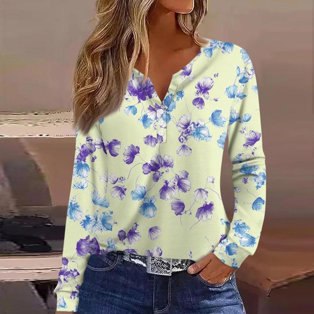 Dámské tričko Tričko Knoflíček Dlouhý rukáv Denní víkendová móda Basic Top s výstřihem do V
