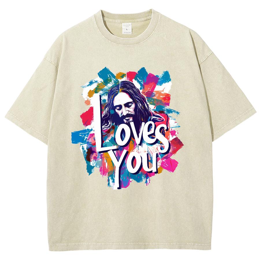 Loves You Letter Portrait Print Women's T-Shirt Washed Oversized Loose Mid Sleeve High Street Short Sleeve