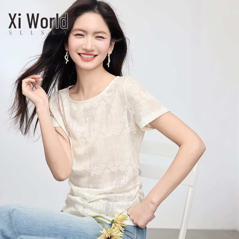 Sllsky Boho Ruched Waist Jacquard Boat Neck T-Shirt S