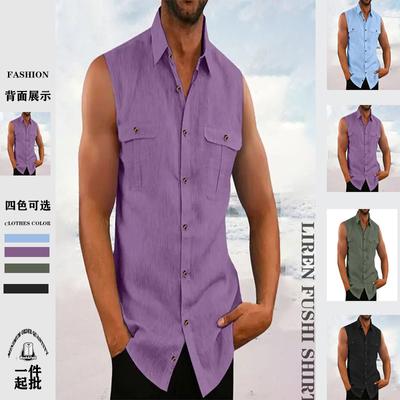 Men's New Solid Color Turn-down Collar Sleeveless Beach Shirt Men's Multi-Color Casual Loose Fitting Shirt