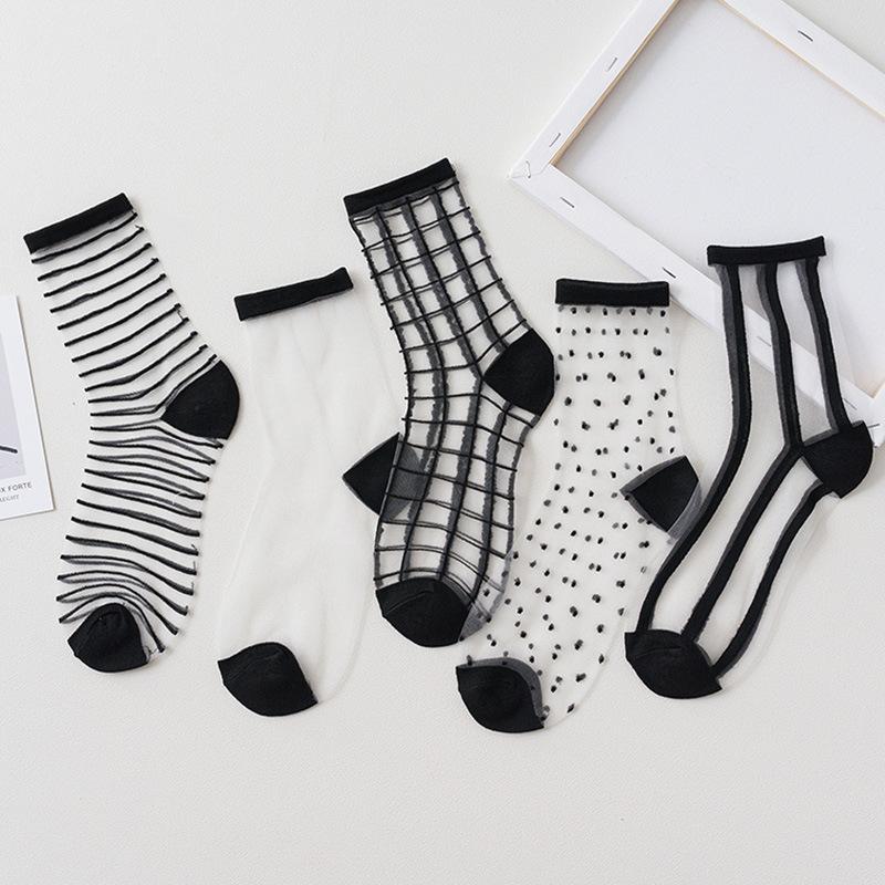 5 Pairs Women Ladies Socks Fashion Sheer Mesh Glass Silk Socks Ultrathin Transparent Crystal Lace Fabulous Elastic Summer Ankle