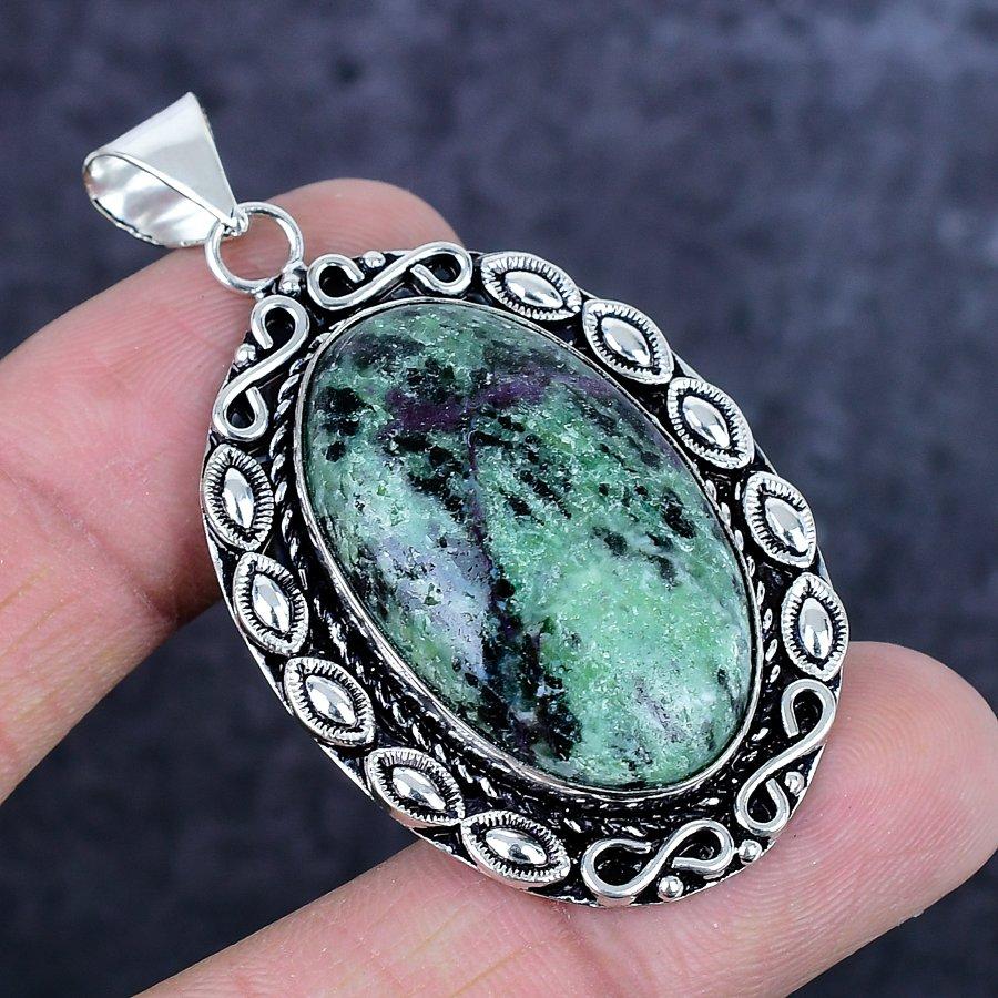 Natural Ruby Zosite Gemstone Handmade 925 Sterling Silver Pendant 2.29" ETC-14240