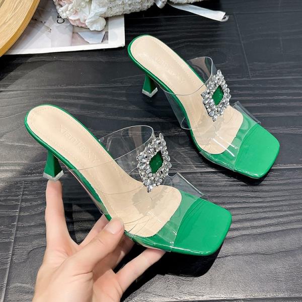 Fashion Transparent Slippers Shoes Woman 2025 Thin Heels Pantofle Glitter Slides Heeled Mules Fashion New Jelly High Luxury Crystal