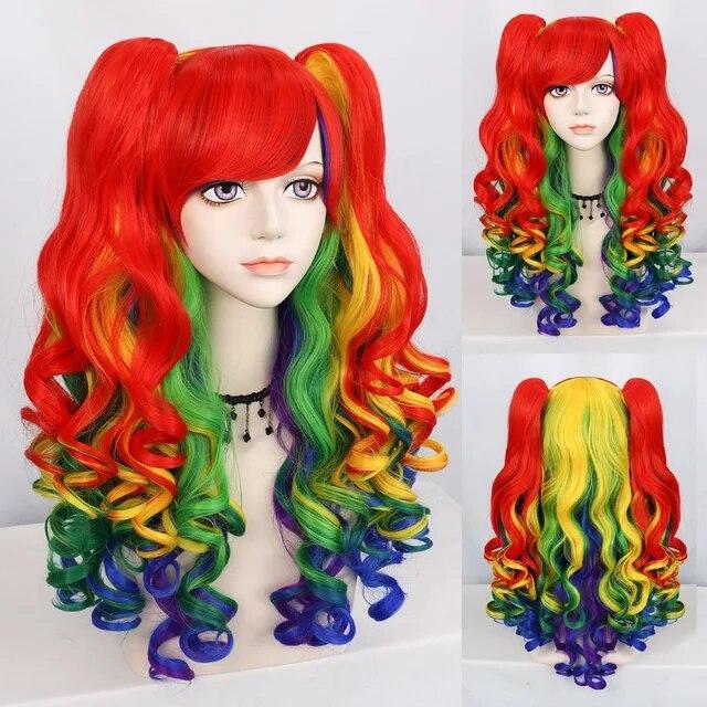 Parrucca Cosplay sintetica lunga colorata riccia per ragazze Lolita Cosplay con doppia coda di cavallo e 1 cuffia per parrucca