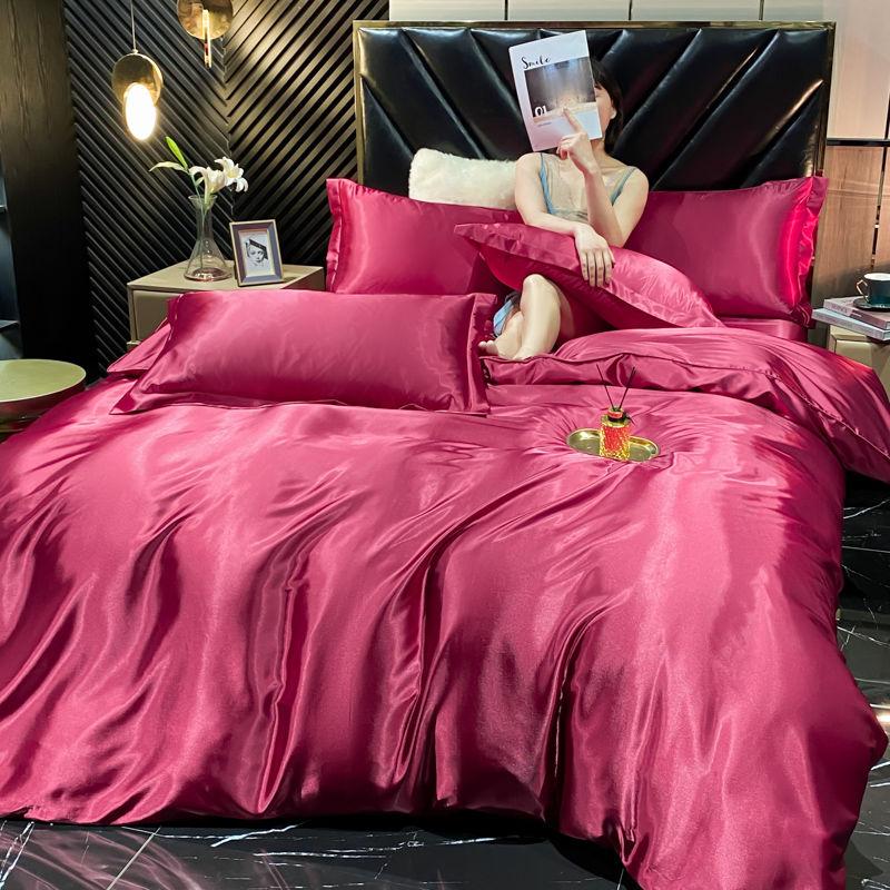 Solid Rayon Silk Bedding Set with Duvet Cover Bed Sheet Pillowcases Luxury King Single Double Couple Satin Pillow Case Bedsheet