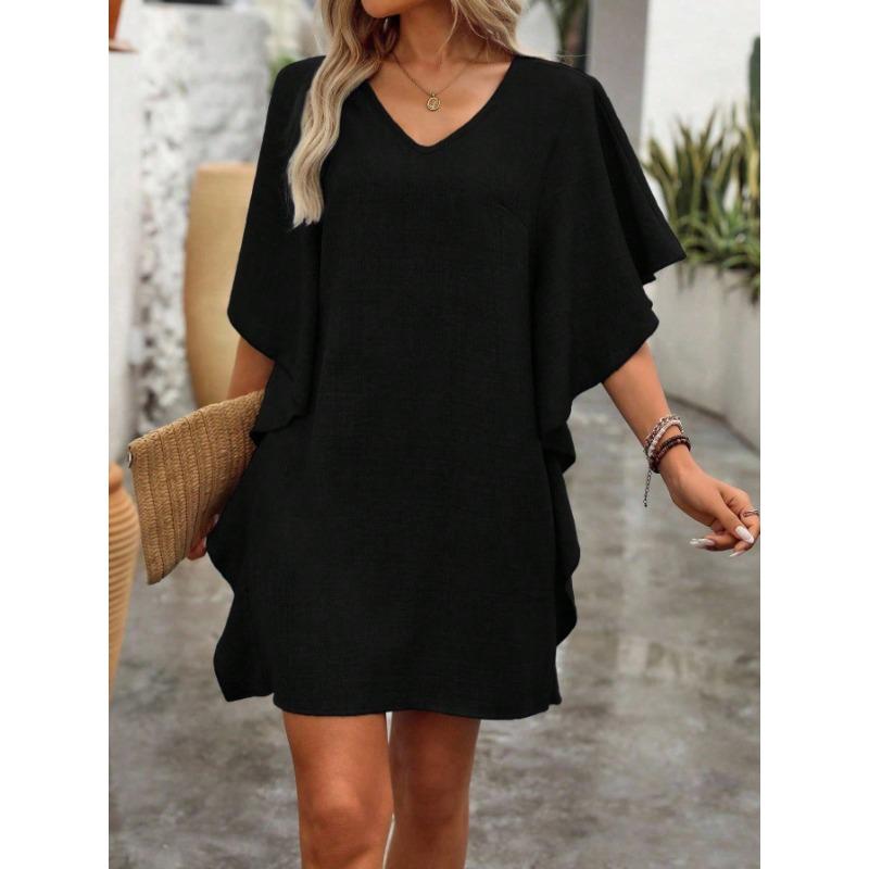 IHUASU Women's Fashion Summer Spring Solid Color Print Sleeveless V-Neck  Casual Dresses