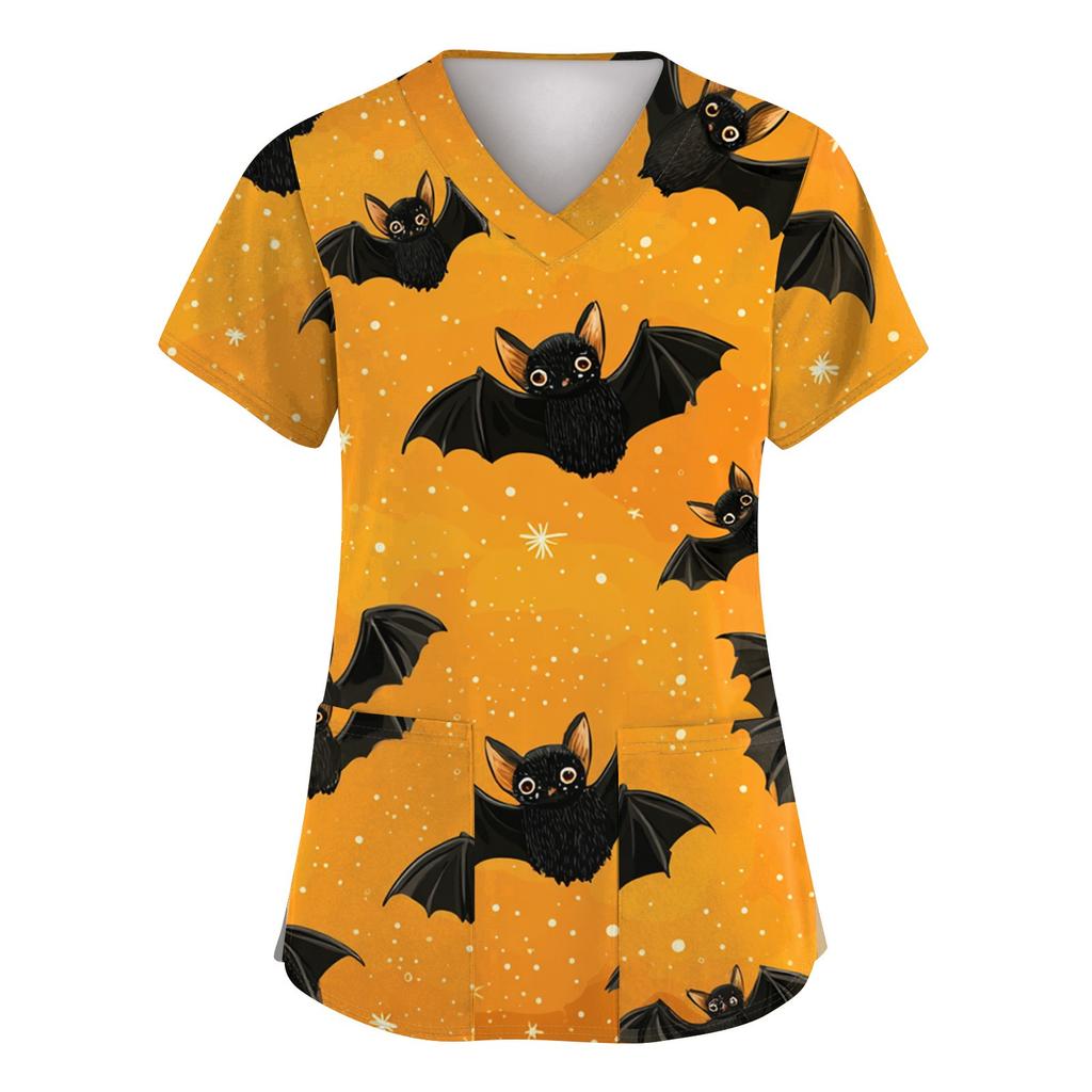 Damenmode Kurzarm Halloween Bedruckt V-Ausschnitt Tasche Arbeitskleidung Tops
