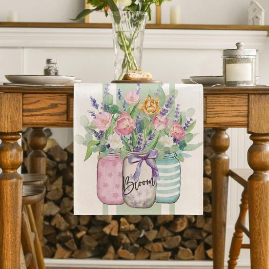 Floral Table Runner Spring Summer Linen Watercolor Flowers Plants Table Runner Machine Washable Table Protector for Home Farmhouse Dinner Party