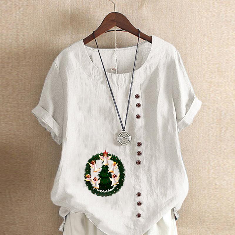 Women's Fashion Round Neck Short Sleeve T-shirt Casual Cotton Linen Graphic Shirt Leisure Loose Christmas Elves Prined Summer Blouse Tops