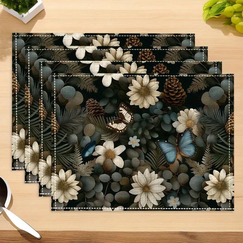 4 Pcs Placemat Table Mat Farmhouse Wind Non-slip Linen Placemats Floral Print Family Party Decoration Machine Washable