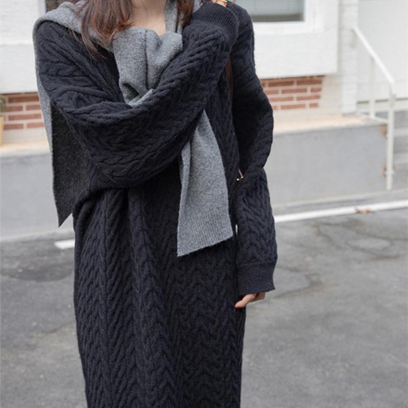 Autumn Lazy V-neck Twist Sweater Long Loose Over Knee Knitted Bottom Shirt Wear Dress