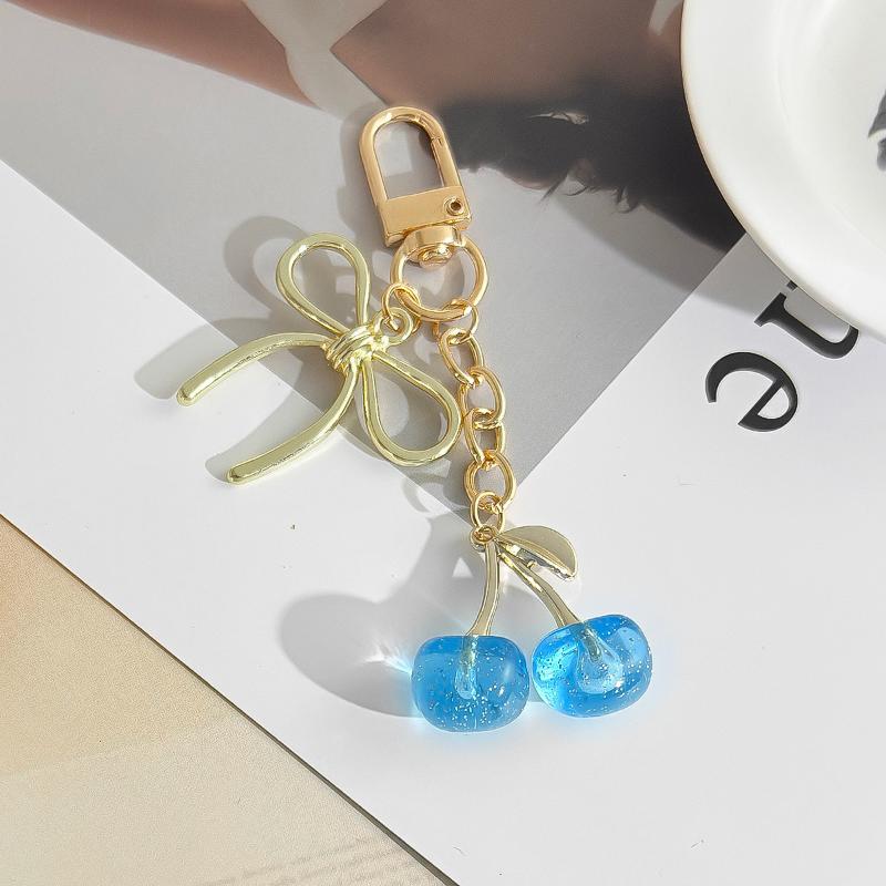 Cute Cherry Keychain With Pearl And Heart Charm Resin Fruit Pendant Bag Accessory For Women Girls