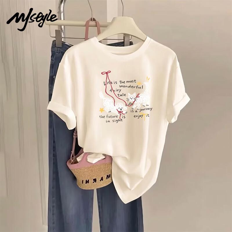 MJ STYLE Women's Cotton Cat & Dog Print T-Shirt