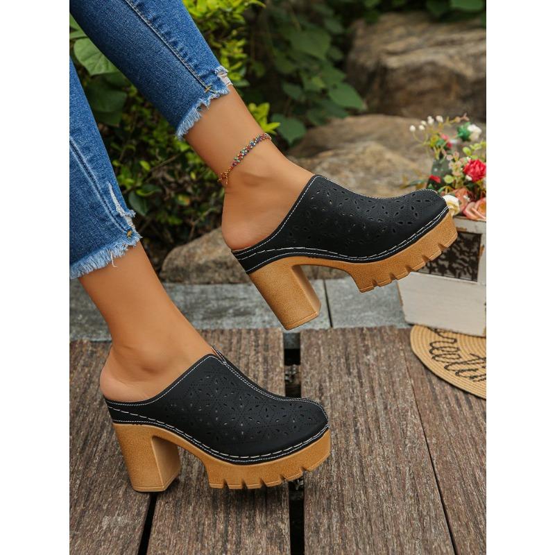 Women's Plus Size Suede High Heel Slippers Summer European American Style Carved Hollow Closed Toe Thick Block Heel