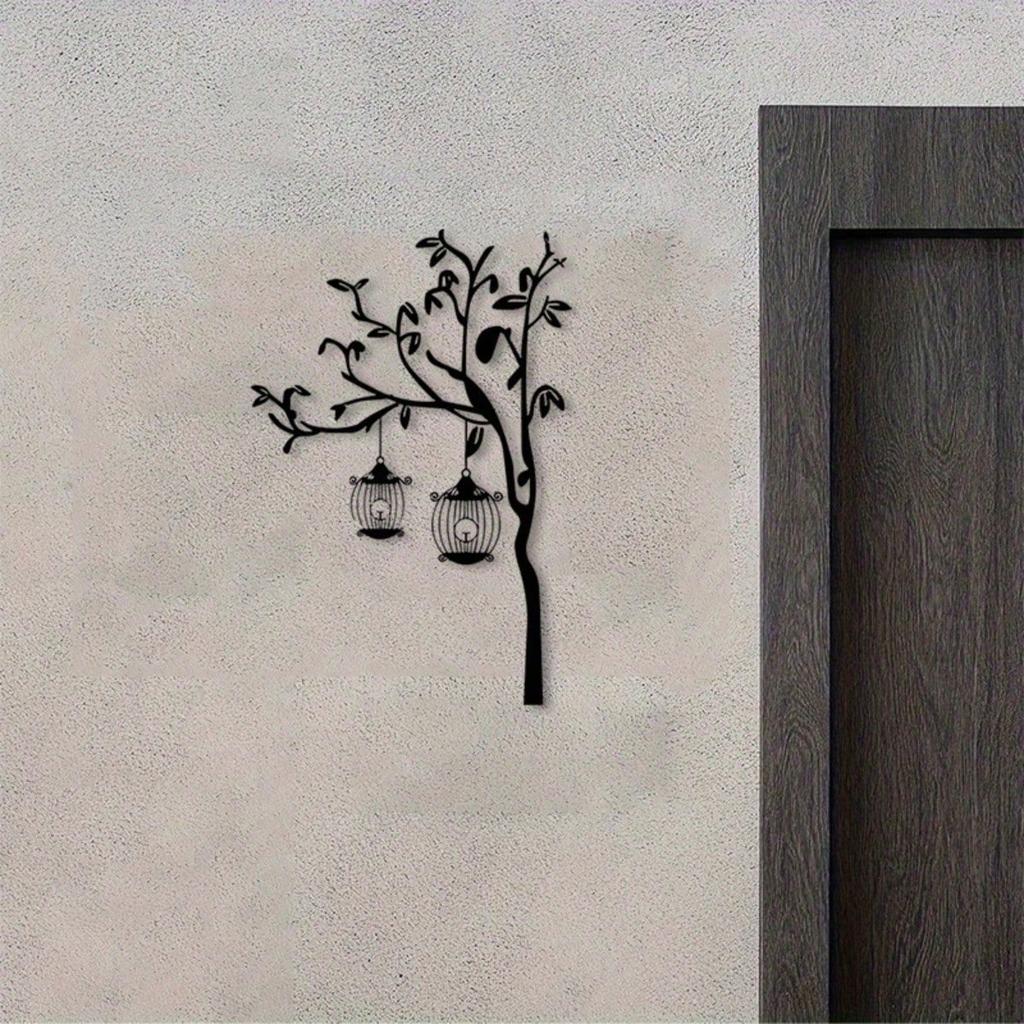 Metal Wall Art Sticker Bird Cage Modern Black Weatherproof Home Decor