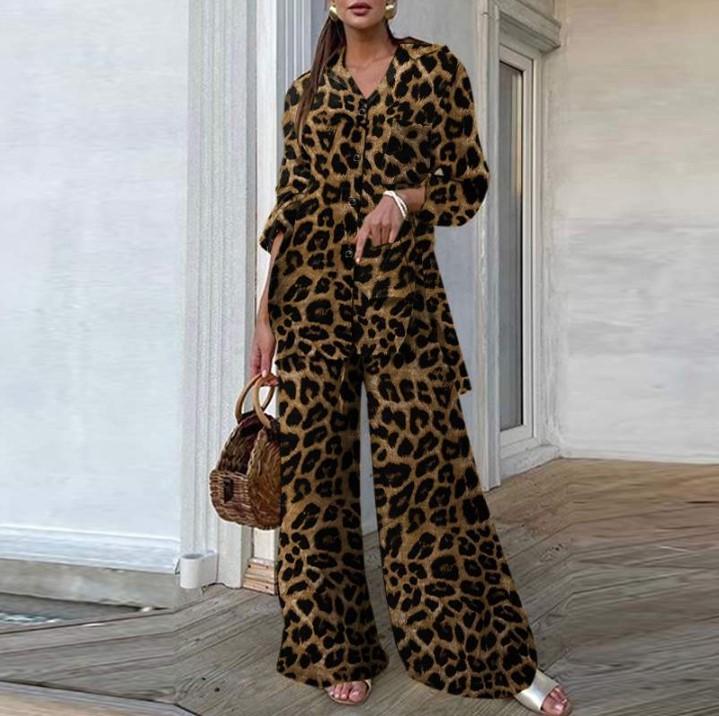 Set Primaverili Donna Camicia Leopardo Pantaloni Lunghi Gamba Larga Casual Cardigan Blusa Abito Sexy Morbido