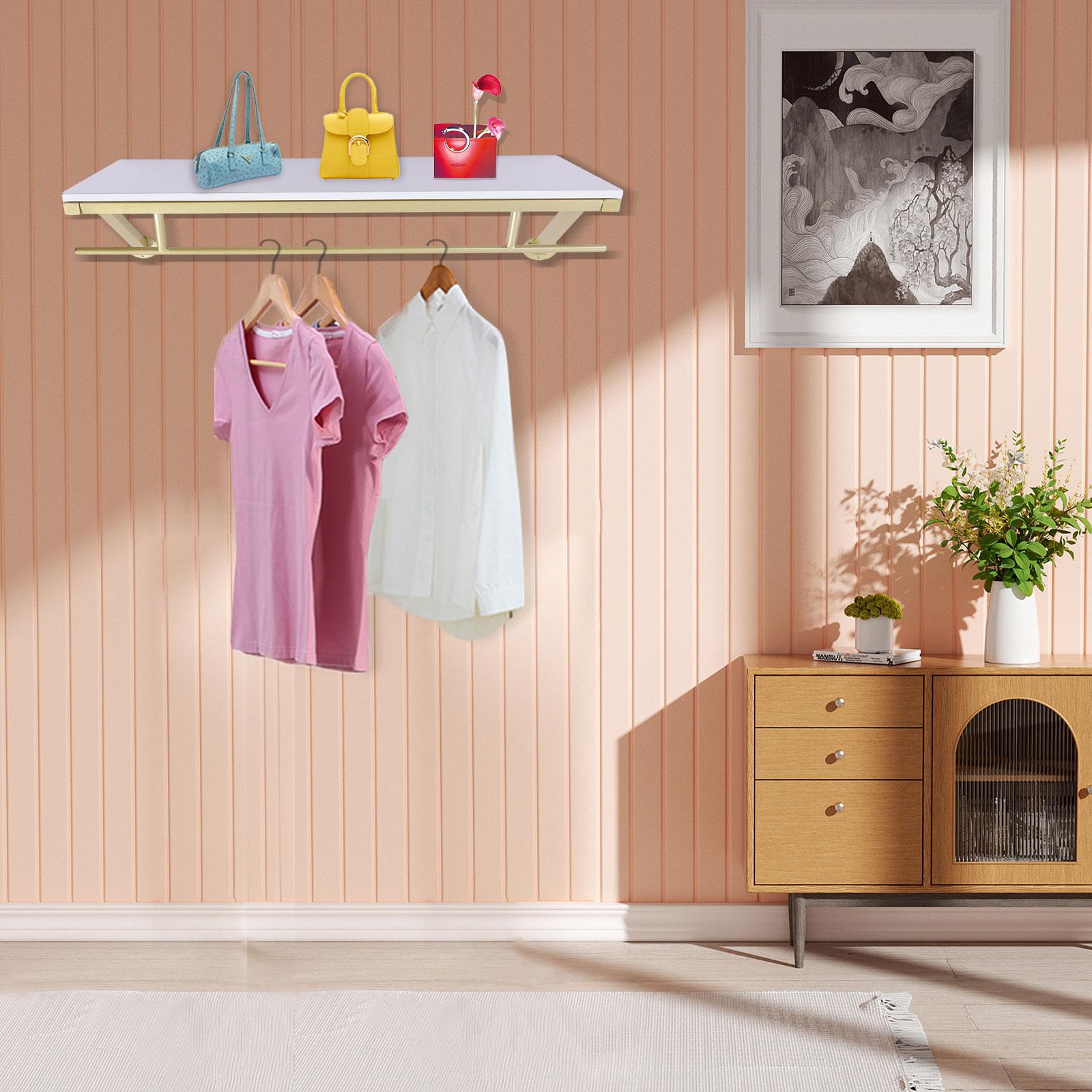 

Gold Clothes Rack with Shelf, Wall Mounted Garment Rack for Hanging Clothes, Display Rack W/ Detachable Rod (40kg Load Capacity)