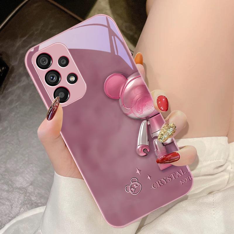 Crystal Metal Bear For Samsung Galaxy S10 4G S20 11E 30 S21 21Fe 22 S24 Pro S23 Ultra 5G S8 S9 Tempered Glass Phone Case