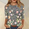 Women's Casual Floral Print Three Quarter Sleeve Crew Neck Top Lightweight Comfortable Fit Soft Fabric
