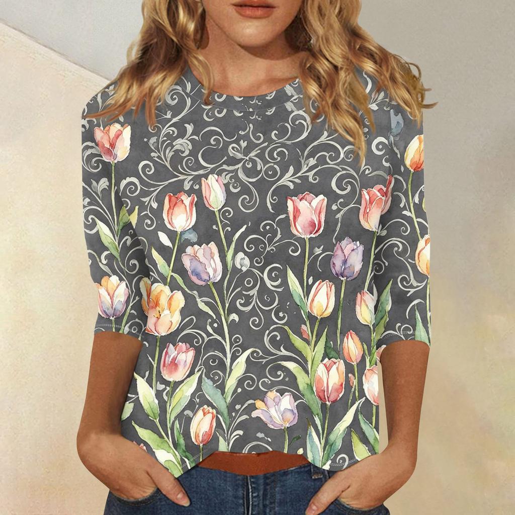 Women's Casual Floral Print Three Quarter Sleeve Crew Neck Top Lightweight Comfortable Fit Soft Fabric