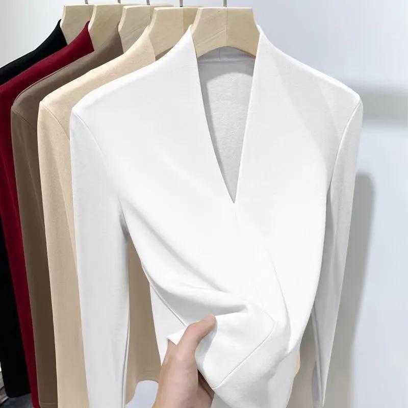 Damer Höst Vinter Enfärgade V-ringade Plus Sammet T-shirts Långärmade Smala Pullovers Underkläder Skjorta