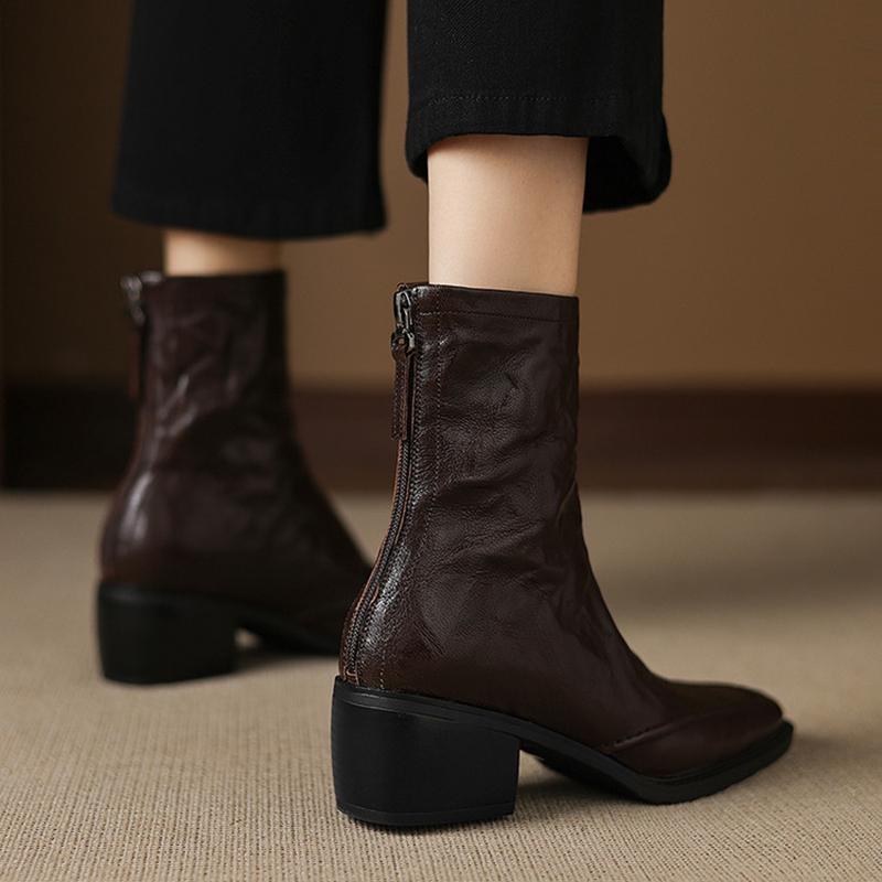 Fashion NEW Autumn Women Boots Square Toe Chunky Heel Shoes Genuine Leather Shoes for Women Short Modern Boots Daily Shoes Zipper Boots
