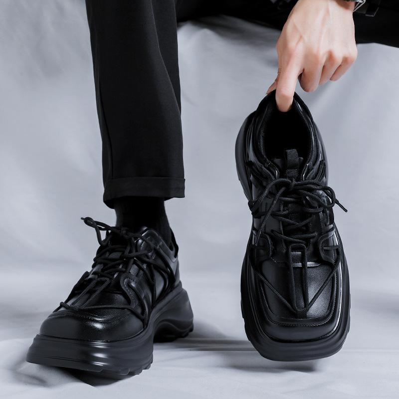 Paris niche thick-soled square-headed dad shoes men's height-increasing straps casual versatile high-end small black shoes 3316-R