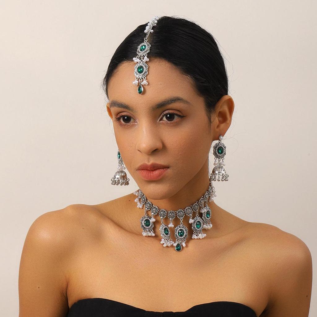 Indian Style Rhinestone Gemstone Three-Piece Set: Oval Necklace, Earrings & Headwear