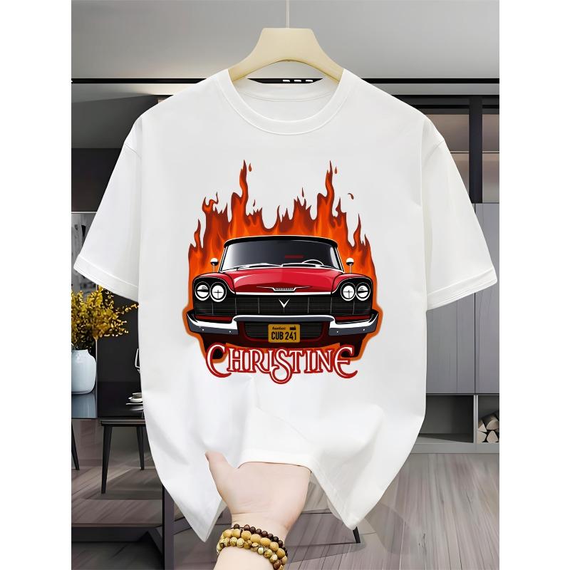 European Size Selected Local Classic Vintage Car Graphic T-Shirt with Black Flame Design, CHRSTINE License Plate, and Bold Font
