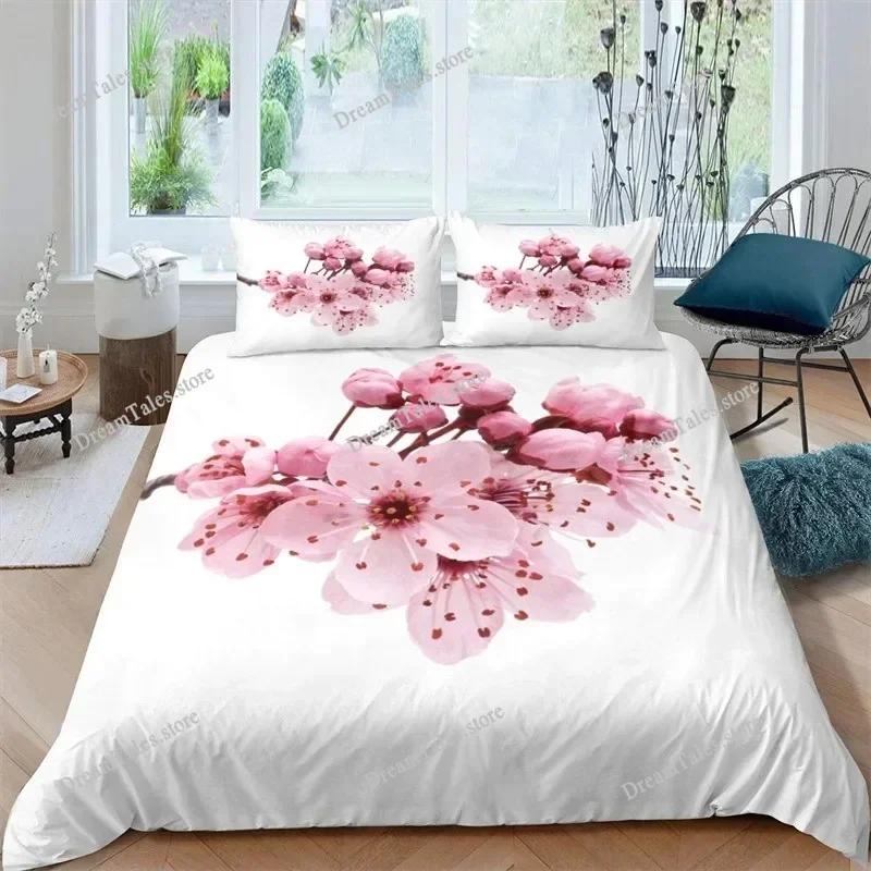 Duvet Cover Set Plum Blossom King Pink Flower Quilt Cover for Girls Microfiber Branches Printed Japanese Ink Style Bedding Set