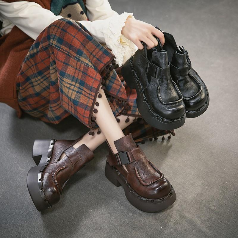 Johnature Commuter Retro Thick Soled High Heels Pumps Versatile Genuine Leather Women's Platform Shoes