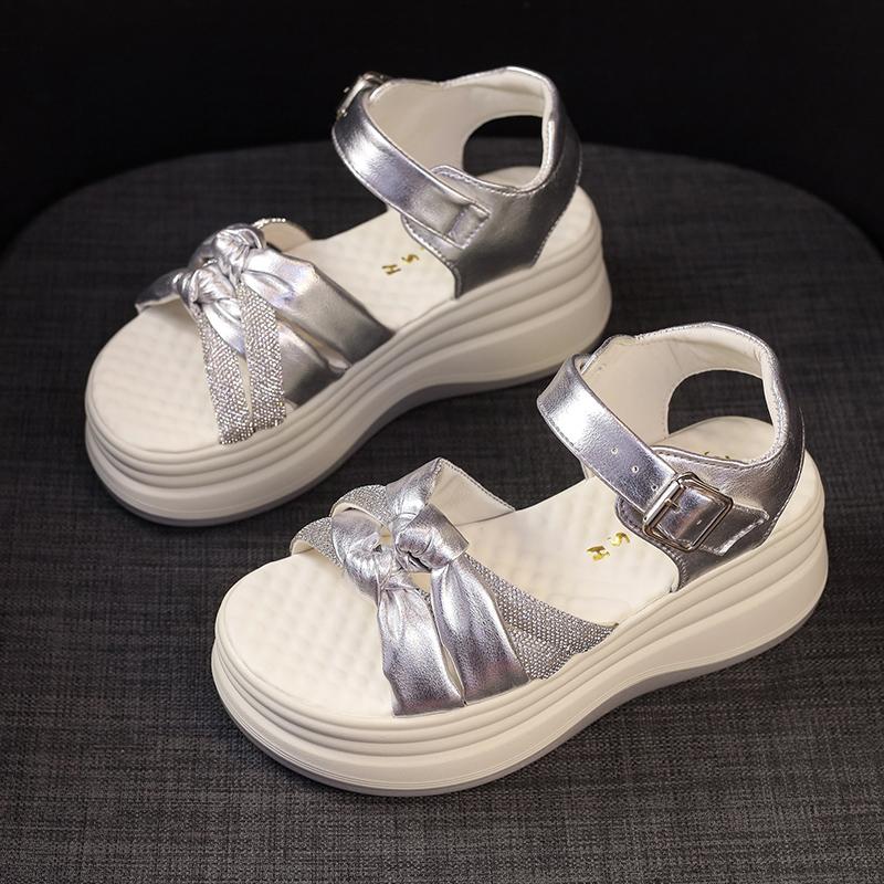 Moda 2025 Nowe Sandały na Koturnie Damskie Okrągły Nosek Casualowe Noszone na co dzień Odkryte Palce Pasek Sandały Damskie Beżowe Srebrne Różowe