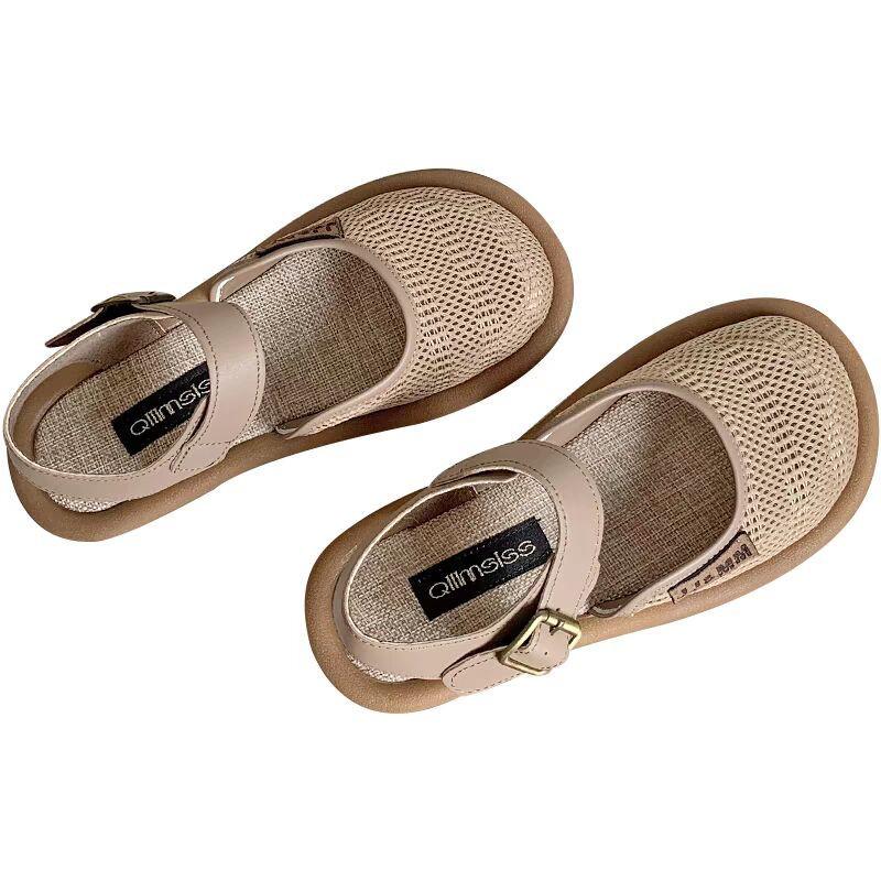 Women's Breathable Mesh Closed-Toe Linen Sandals - Hollow Design, Single Strap, Plus Size Available