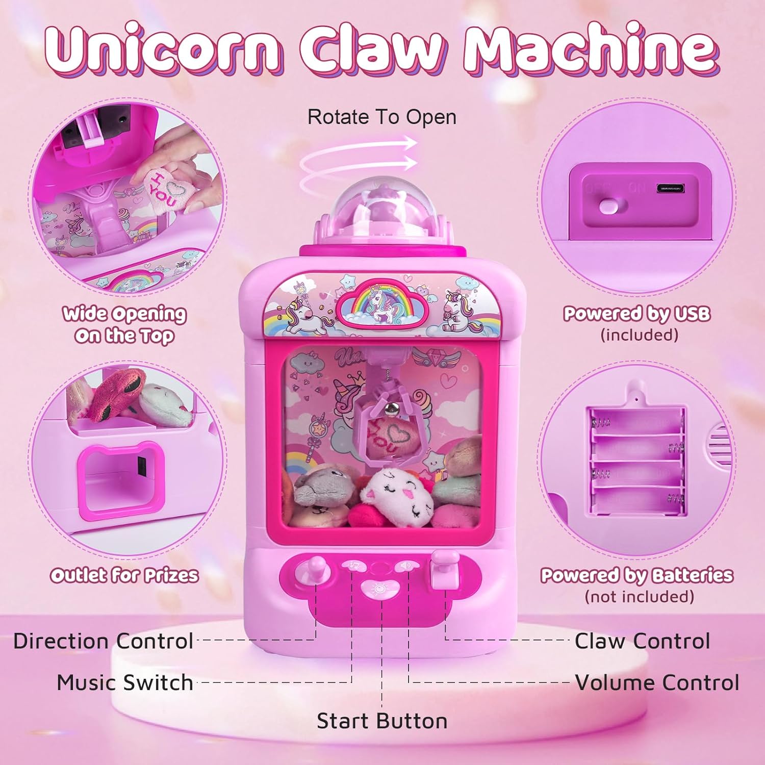 Claw Machine for Kids, Mini Vending Machine Girls Unicorn Toys, Candy Grabber Prize Dispenser with Sound & 20 Mini Plush Toys, Electronic Arcade Game