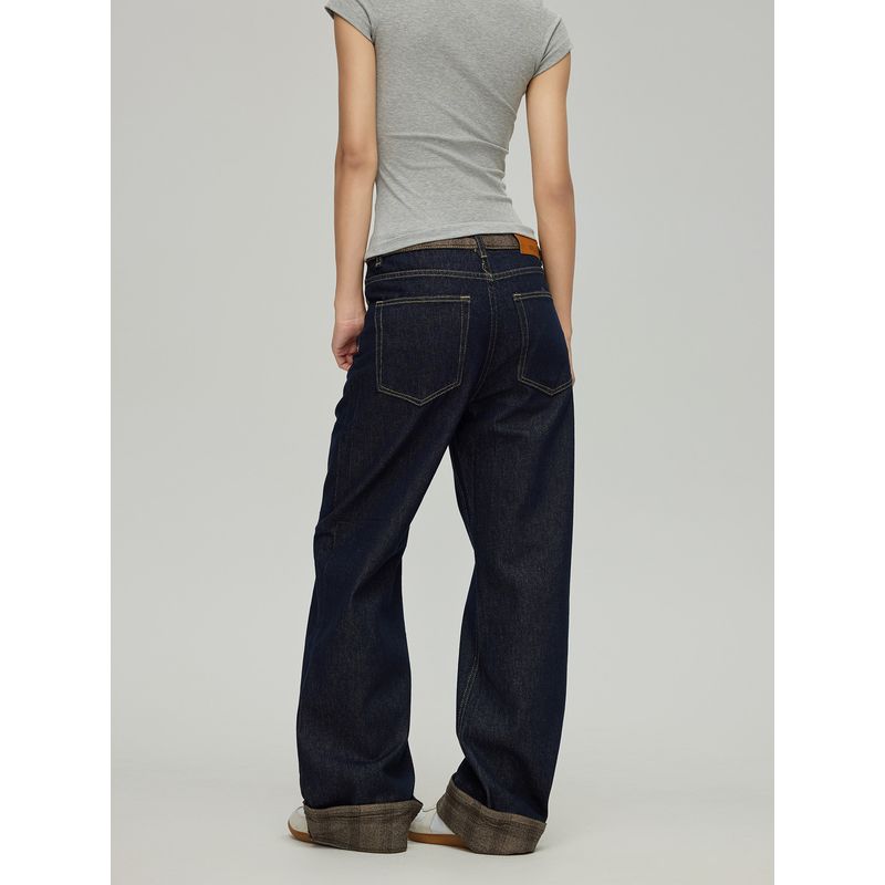 Black of Exit American Retro Color-Blocked Cuffed Hem Long Pants Trendy Brand Original Color Straight-Leg Jeans