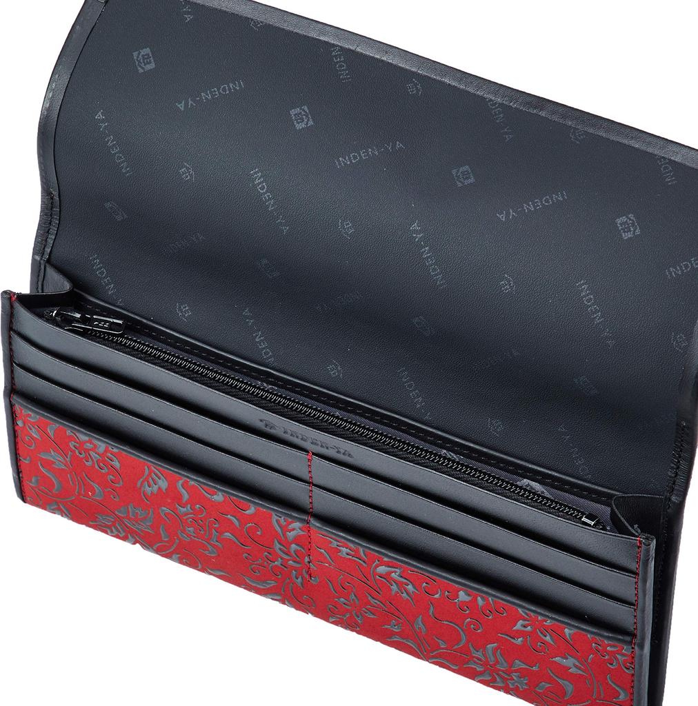 Indenya Long Wallet, T-Shaped, Red Deerskin with Black Lacquer Floral Arabesque Pattern, 2311-03-041