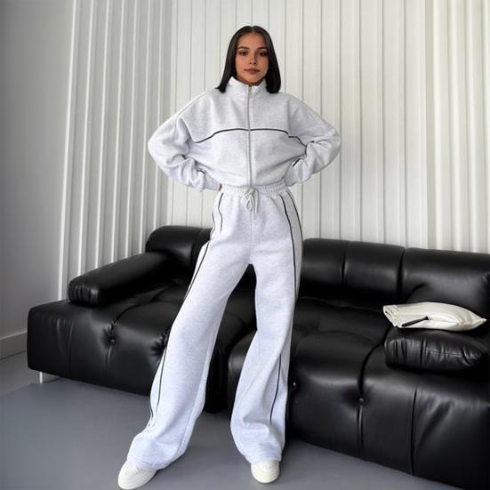 Women Winter 2 Piece Suit Half High Collar Zip Up Long Sleeve Top Elastic Waist Wide Leg Pocket Trousers