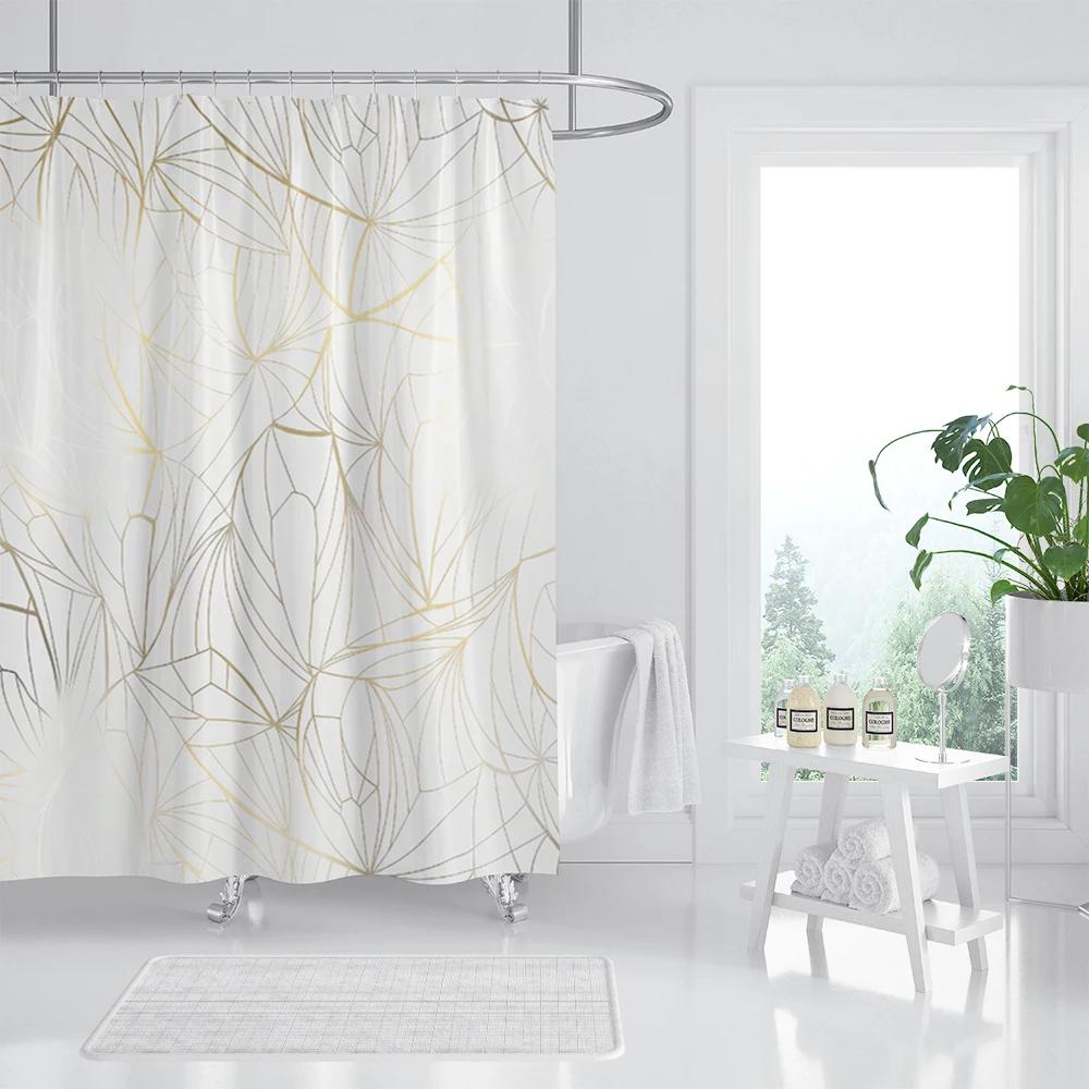 Rose Gold Shower Curtain Pink Gold Tropical Leaves Modern Luxury Bathroom Shower Curtains Fabric Bath Curtain Set with Hooks