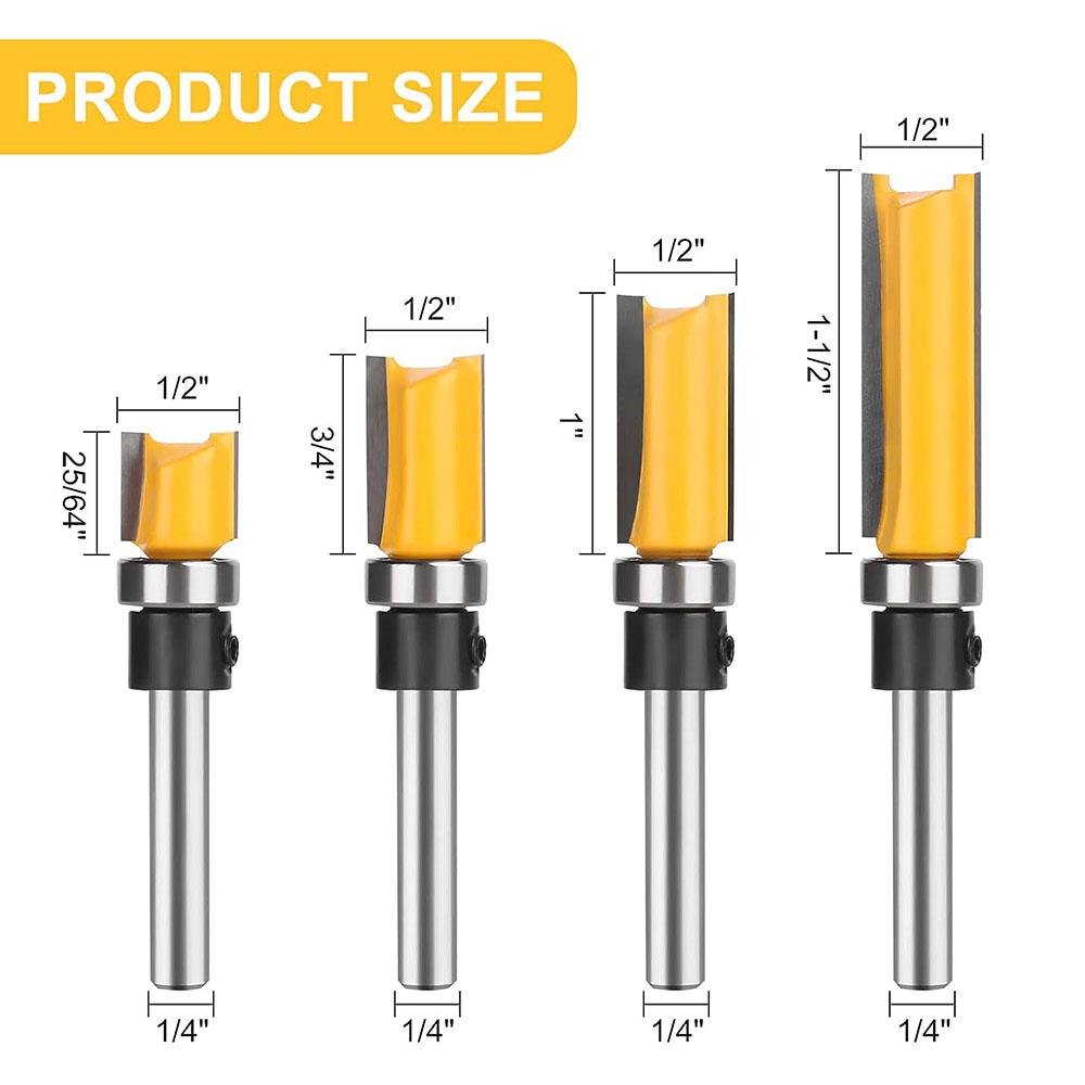4Pcs 1/4'' Shank Top Bearing Flush Trim Carbide Router Bit Set Milling Cutter