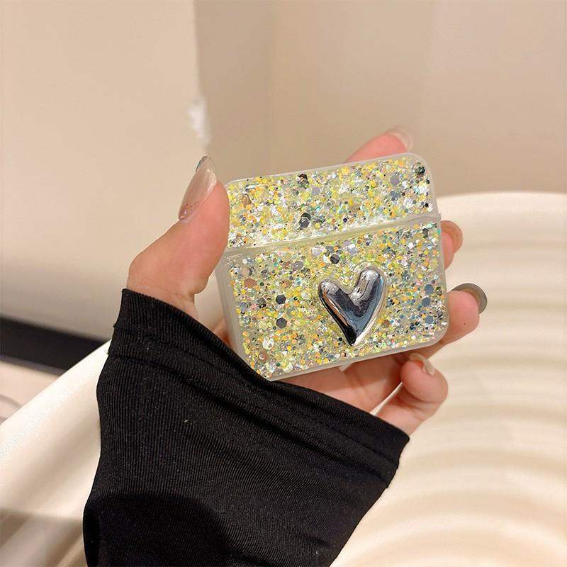 Square Bluetooth Earphone Case Suitable Apple Airpods 4 Generation Glitter Airpodspro Heart-shaped Protective