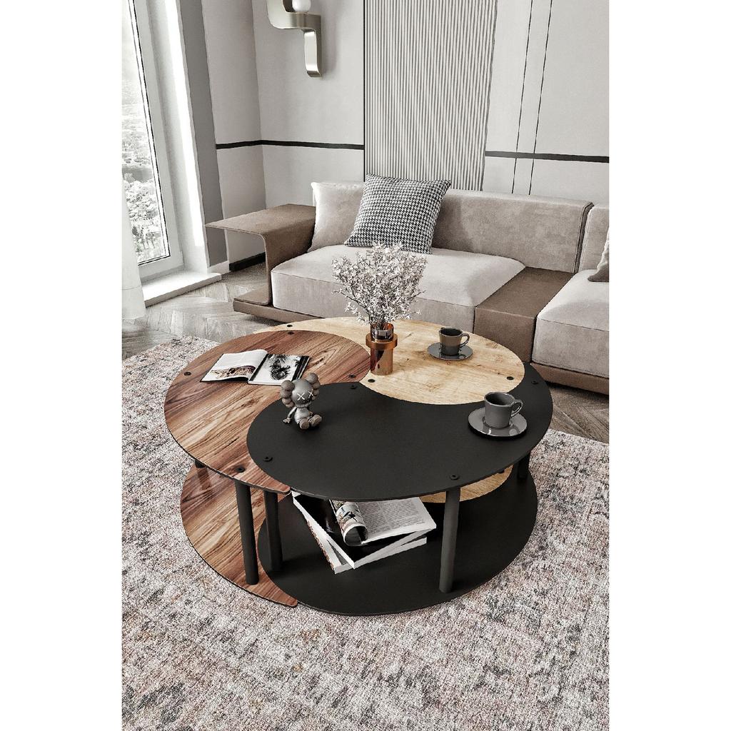 Yin Yang Unity Serenity Coffee Table Set Of 3 Sapphire Oak Madran Walnut Black 90 Cm Diameter