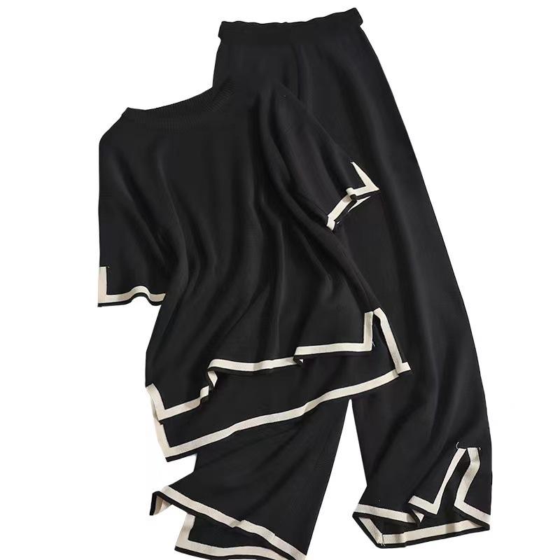 Women's Loose Two Piece Outfit Set Short Sleeve Knit Top Elastic Waist Wide Leg Pants Loungewear