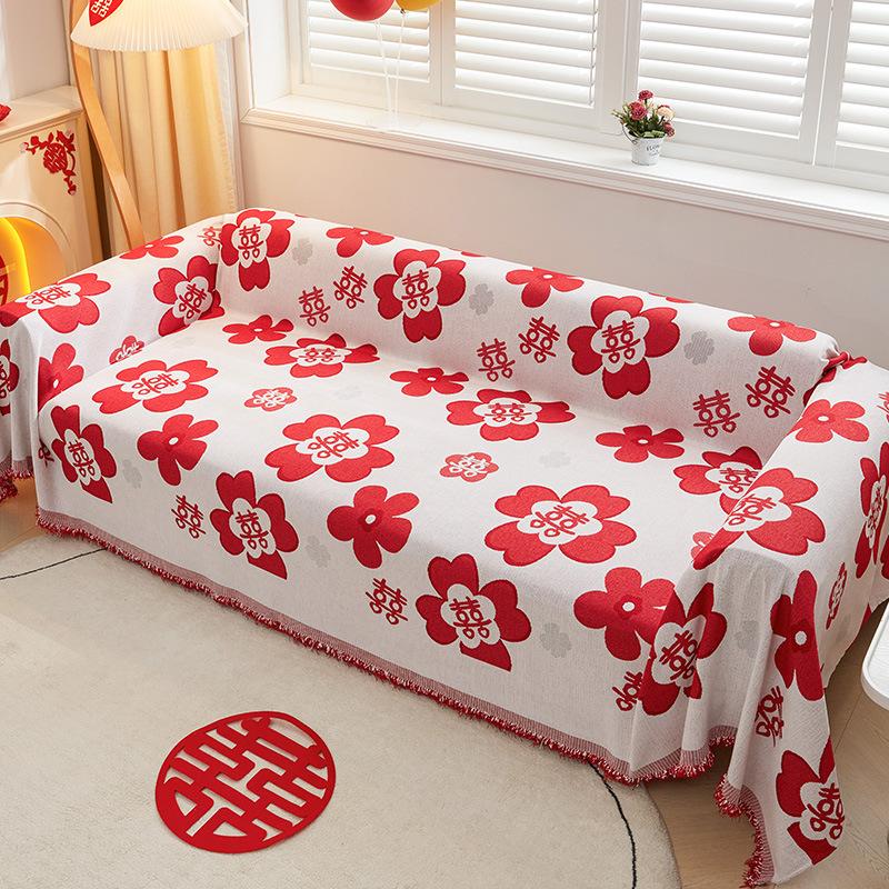 Red Sofa Cover Cushion Universal Anti-Slip Knot Wedding Festive Cover High-end All-Inclusive Cover Blanket