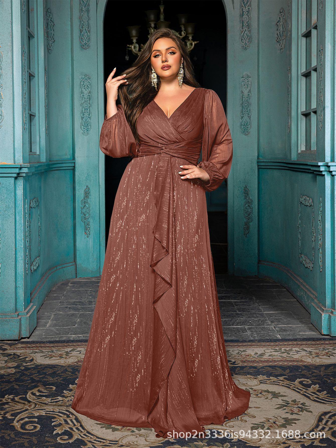 European Plus Size V-Neck Ruffle Lantern Sleeve Formal Dress 3XL розового золота