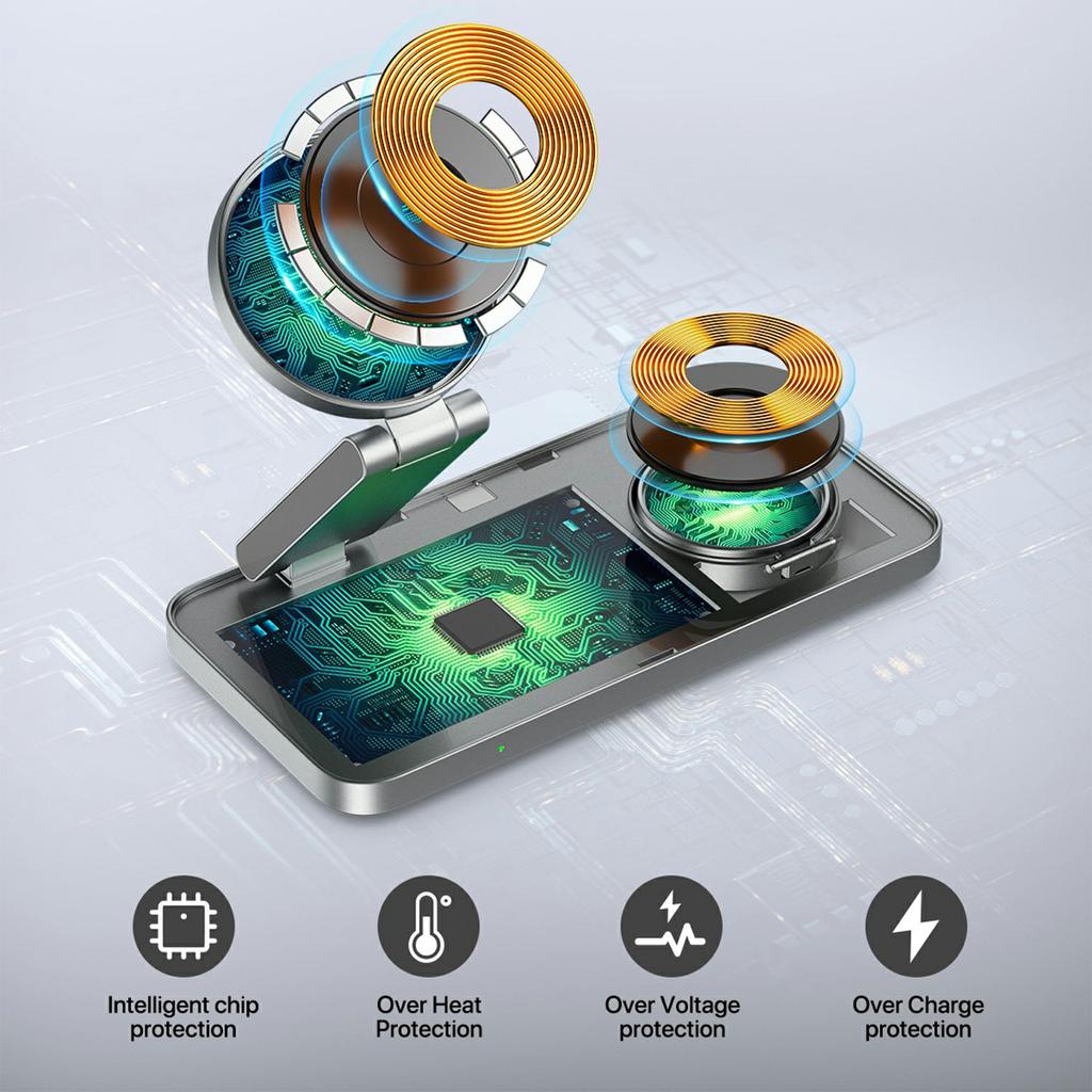 T8 3 in 1 Wireless Charging Station Foldable Charger Stand for iPhone 15-12/Apple Watch/Airpods