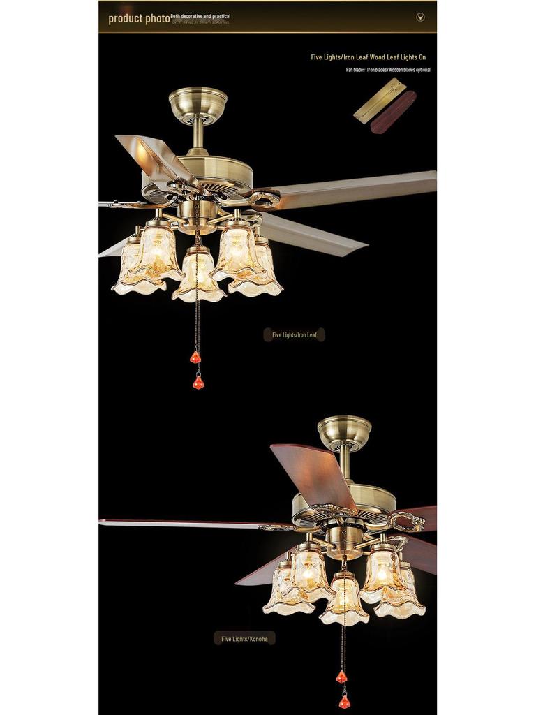 Mid-Century European Retro Ceiling Fan Light with Iron Blades - Variable Frequency High Airflow for Living Rooms or Restaurants.